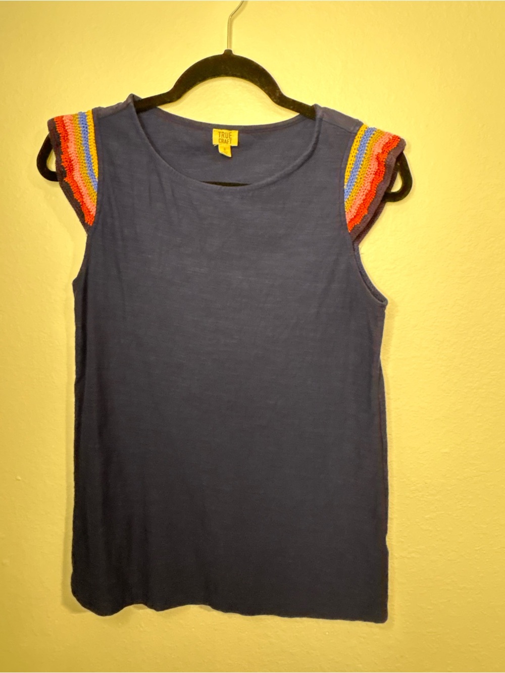 True Craft Navy Tank Top with Multicolor Crochet Cap Sleeves